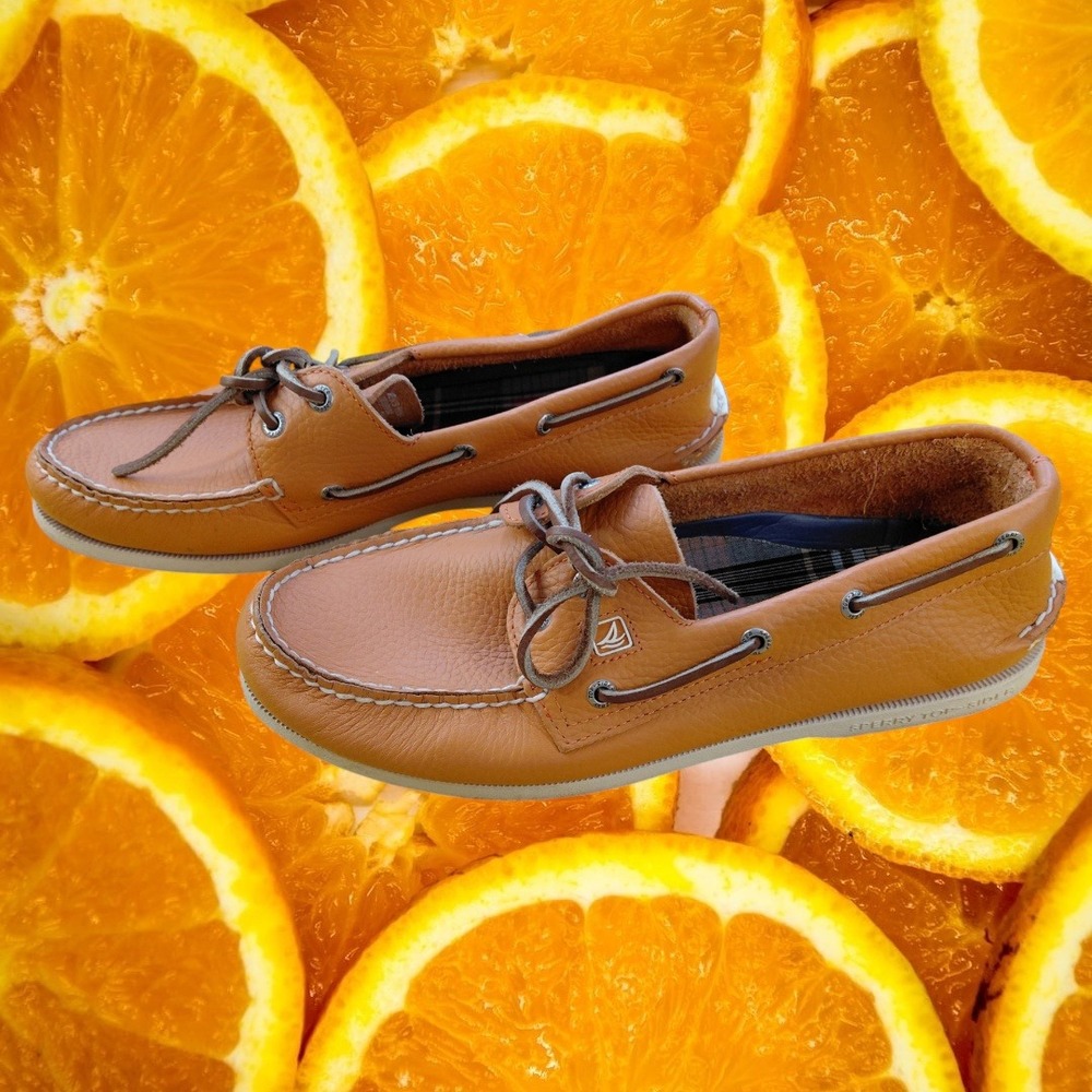 Sperry Top-Sider Mens 11M Orange Pebbled Leather Boat Shoes 0836924 Plaid Lining